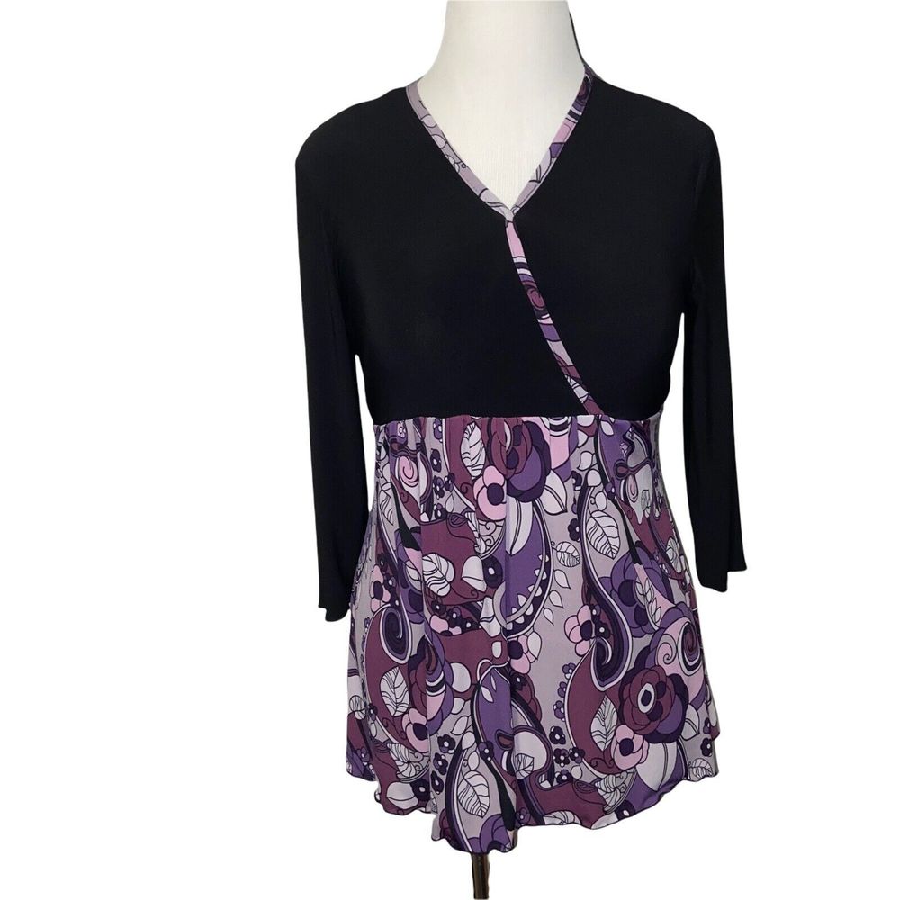 Susie Couture Paisley Print Blouse Size Large L V-Neck Black Purple
